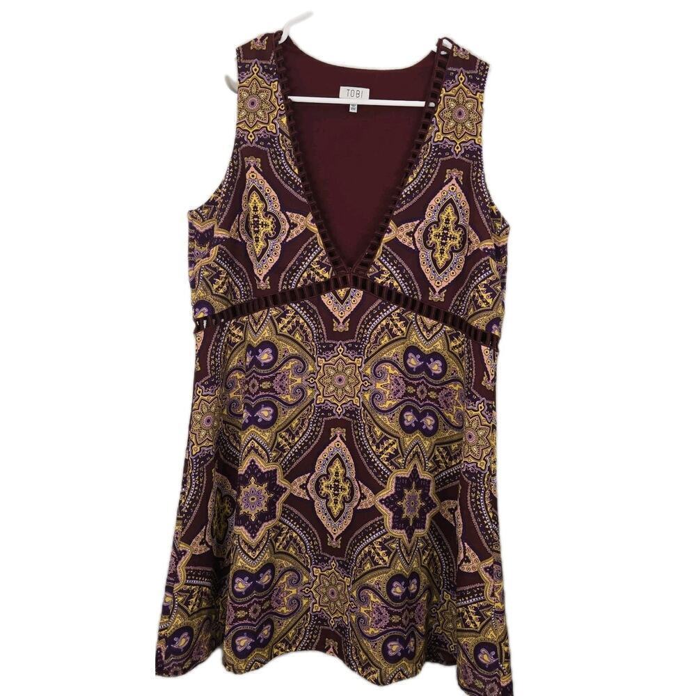 Tobi Sun Daze Shift Dress Wine Multi Size MED Boho Peasant Cottage Cutout Waist
